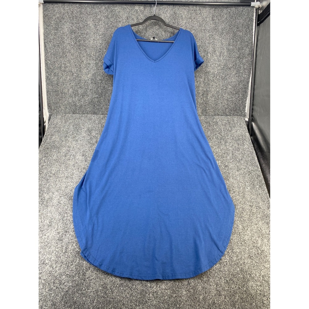 Ekouaer Maxi Dress Women Medium Blue V-Neck Short Sleeve Pockets Pleated Back